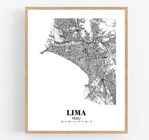 Eleville 28,9 x 35,6 cm, ungerahmt, Lima, Peru, Stadtblick, abstrakte Straße, moderne Karte, Kunstdruck, Poster, Wand, Büro, Heimdekoration, minimalistische Linienkunst, Heimatstadt, Einweihungsfeier,