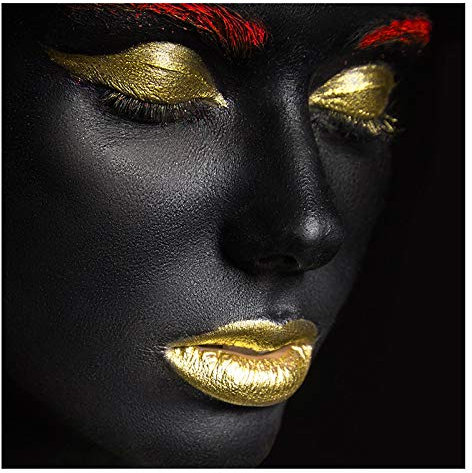 HONGC Leinwand Wandkunst Gold Lippen Afrika Schwarz Nackte Frau Ölgemälde auf Leinwand Poster Drucke Bild für Wohnzimmer Dekoration Gemälde 40x40cm / 15,7x 15,7 Kein Rahmen