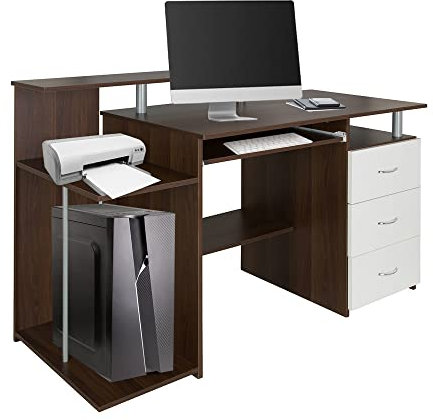 hjh OFFICE 830074 Computertisch WORKSPACE H IV Walnuss/Weiß Schreibtisch mit Schubladen & Tastaturauszug, 89 x 137 x 60 cm