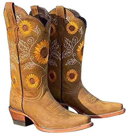 Onsoyours Santiags Femme Cuir Moto Vintage Boot Equitation Bottes de Chevalier Broderie Rétro Confort Santiag Botte Larges Cowboy Western Bottes Montantes à Talons Bas A Kaki 38 EU