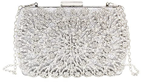 Milya Damen Glitzer Clutch Abendtasche, Strass Handtasche Hochzeit Party Unterarmtasche Umhängetasche Schultertasche mit Ketten Gurt, Silber