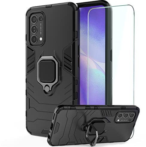 GKK DESCHE Coque pour Oppo Find X3 Lite avec Verre Trempé, Antichoc, Protection avec Anneau Support, Housse Bumper Case Cover - Noir