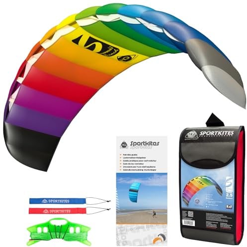 HQ Lenkmatte Lenkdrachen Symphony Beach III 2.5 Rainbow, Zweileiner Matte, Drachen für Kinder und Erwachsene, 73x250cm, inkl. 160kp Dyneema Schnüre, 2x25m auf Winder mit Schlaufen, Drachen ab 14 Jahre