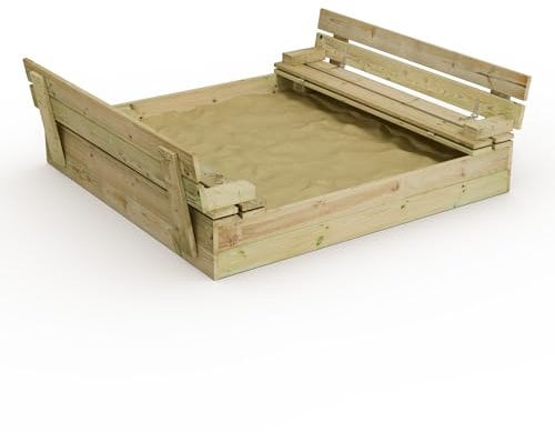 Wickey Bac à Sable avec Couvercle Flip – 120x125cm, Design en Bois Durable, Couvercle Convertible en Bancs, Sécurité et Divertissement pour Enfants, Idéal pour Jardin
