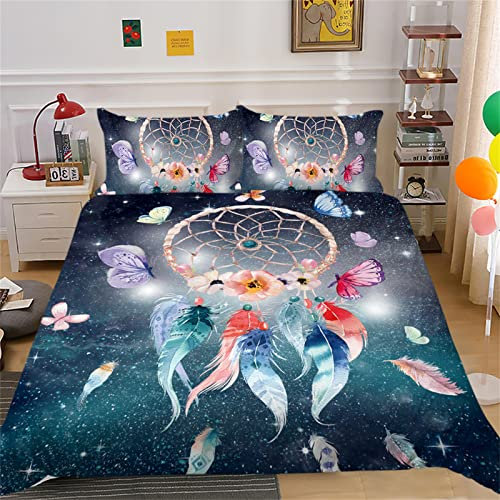 Timiany Traumfänger Bettwäsche Set 135x200cm Mädchen Frau Böhmen Feder Schmetterling Bettbezug Set Stammes Exotisch Mandala Lila Bettwäsche mit Kissenbezug 80x80cm