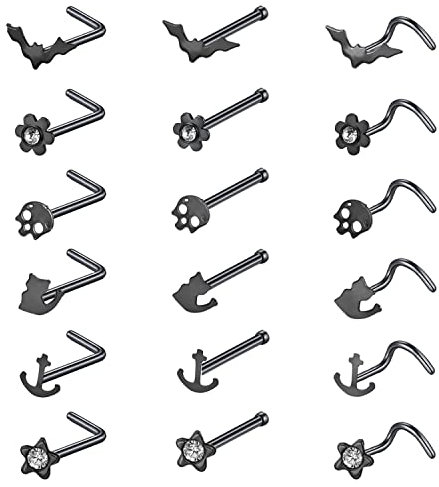 ZS 20G Corkscrew Nose Rings Surgical Steel L-Shaped Nose Studs Bat Skull Nose Bone Stud Nose Piercing Jewelry for Women (18pcs black)