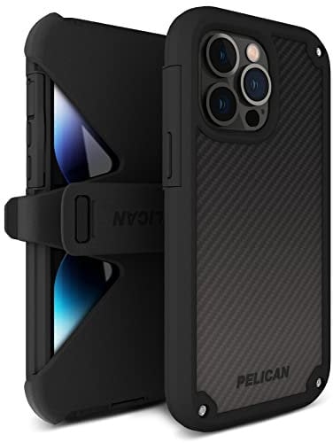 Pelican – Shield Series – Heavy Duty Magnetic Charging Compatible Kevlar Case Cover für Apple iPhone 14 Pro Max – Inklusive Gürtelclip Holster mit 6,4 m Fallschutz – Schwarz