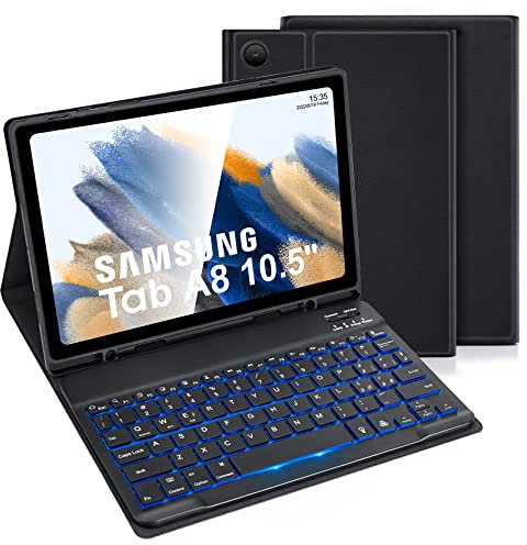 LAMA Custodia con Tastiera Retroilluminata per Samsung Tab A8 10.5in 2021(SM-X200/X205/X207), Cover Slim Smart Tablet con portapenne S integrato e Tastiera Wireless Rimovibile per Tablet Galaxy Tab A8