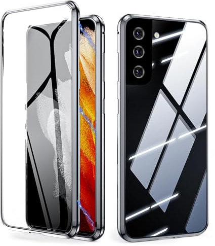IBETEK Hülle für Samsung Galaxy S23, Magnetische Adsorption Handyhülle 360 Grad Schutz Aluminiumrahmen mit Gehärtetes Glas, Starke Magneten Stoßfest Metall Flip Case Cover - Silber