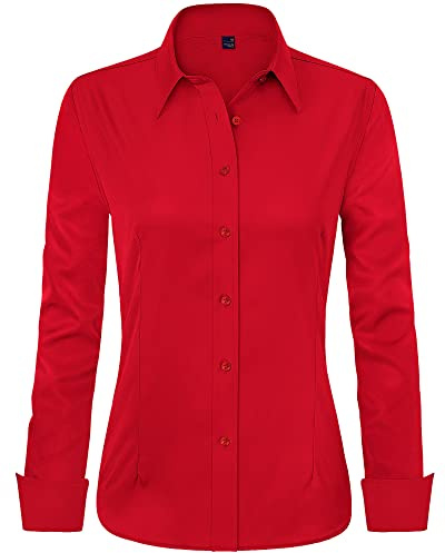 J.VER Womens Shirts Long Sleeve Red Fitted Stretch Dress Shirt Business Casual Work Office Tops Fashion Ladies Blouses Shirts S