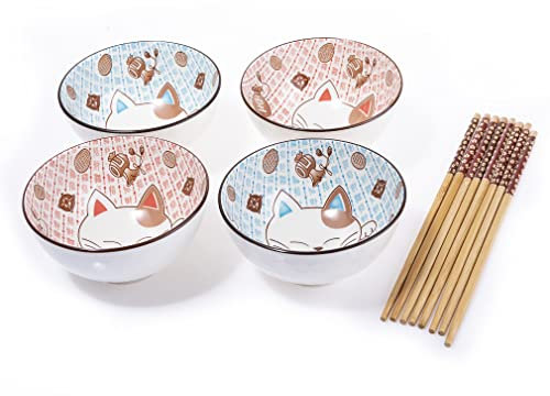 lachineuse - Coffret 4 Bols Chat Japonais ⌀ 11cm - Bols à Riz, Petit Déjeuner & Soupe - Vaisselle Japonaise en Porcelaine - Avec Baguettes - Maneki Neko Porte Bonheur - Cadeau Déco Kawaii Japon