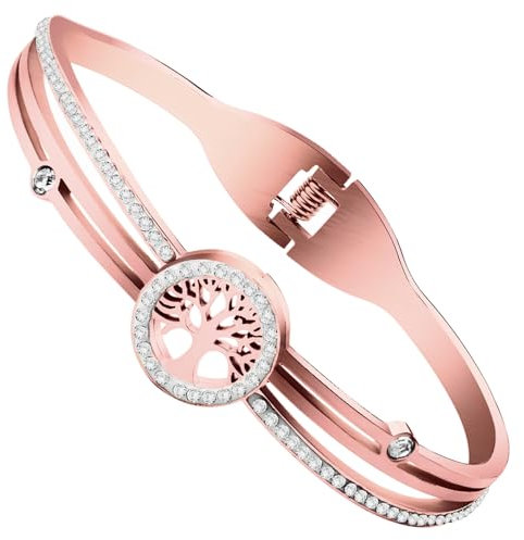 AURSTORE Bracelet Arbre de Vie Bracelet avec des Cristaux, Bracelet Femme Cadeau Fête des Mères Anniversaire Maman Femme 19cm (Rose)