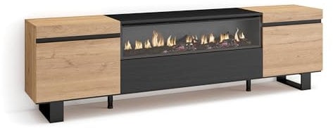 Skraut Home | Mueble TV | Televisión | Muebles de salón, almacenaje | 200x57x35cm | para TV hasta 80 | Chimenea eléctrica | Diseño Industrial | Estilo Moderno | Roble y Negro