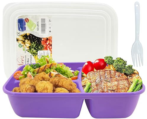 NEEZ Lunch Box - 3 Scomparti Porta Pranzo con Cucchiaio (1400ml), Schiscetta Contenitore per Ufficio, Scuola & Università, Adatto al Microonde, Porta Merenda Senza BPA (Viola)