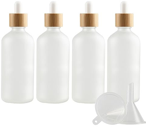 PQPAUTY 4 Pièces 100ml Flacons en Verre Transparent Mat avec Pipettes, 100 ml Bouteilles Compte-gouttes en Verre Vides avec Bouchon à Vis Bambou Pour Les Huiles Essentielles Aromathérapie