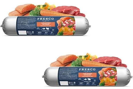 Fresco Dog Barf Wurst Complete-Menü Lachs und Rind mit Karotte | Doppelpack | 2 x 400 g | Futtermittel für Hunde mit Lachs und Rind mit Karotte | Enthält Omega-3-Fettsäuren