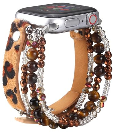 CHARMINGO Correa de cuero compatible con Apple Watch de 38 mm, 40 mm, 41 mm, 42 mm, para mujeres y hombres, correa elástica de cuero con estampado de leopardo bohemio para iWatch Series 9, 8, 7, 6, 5,