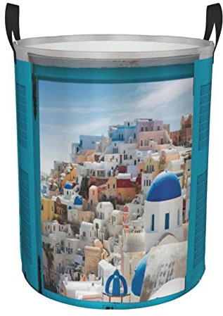 Wäschekorb, alte Fensterläden mit Blick auf die traditionelle griechische Dorfkultur, großer Canvas-Stoff, leichter Aufbewahrungskorb/Spielzeug-Organizer/schmutzige Kleidung, zusammenklappbar, groß