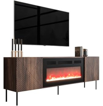 Mirjan24 TV Schrank Aropo 190 EF mit Elektrischem Kamin, Praktischer Fernsehschrank, TV Lowboard mit Grifflose Öffnen, Realistische LED-Flamme, Deko-Kristallen TV-Bank, Sideboard (Nuss Warmia)