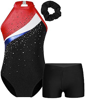 MSemis Mädchen Gymnastikanzug Ärmellos Turnanzug Trikotanzug Gymnastik Tanz Training Gymnastikbody mit Shorts Kurze Hose und Haarband Wettbewerb Sport Set Schwarz Rot 170
