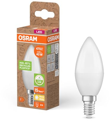 Osram LED Lampen, klassische A Kolbenform aus recyceltem plastik, Lebensdauer bis zu 15.000 h, 2.700 K, 4,9W, 470 Lumen, E14, IP20, Single-pack