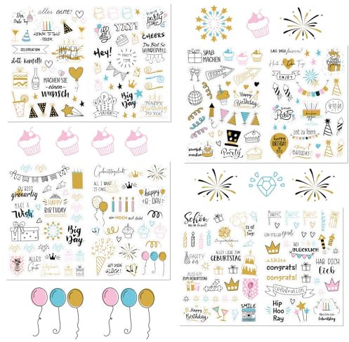 4 Stück Sticker Geburtstag 225 Motive, Aufkleber Geburtstag für Fotoalbum, Sticker Gästebuch, Geburtstagssticker Kinder Erwachsene Aufkleber für Gästebuch Geburtstag, Fotoalbum, Grußkarte, Geschenke