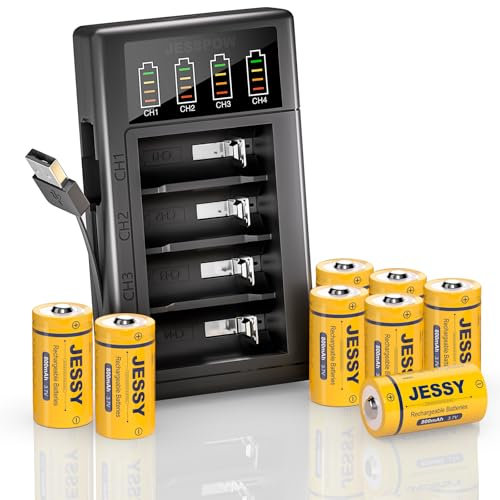 Lot de 8 piles rechargeables CR123A et chargeur, batterie 3,7 V 123 A compatible avec les caméras Arlo VMC3030 VMK3200 VMS3330 3430 3530, lampes de poche