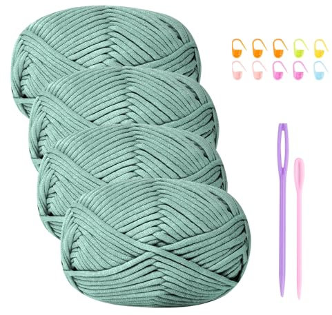 Häkelgarn Baumwolle Häkelwolle Chenille Wolle zum Häkeln 4 X 50g Häkelwolle,Crochet Yarn Dickes Baumwoll-Nylon-Mischgarn Häkelgarn für Anfänger Salbeigrün Garn