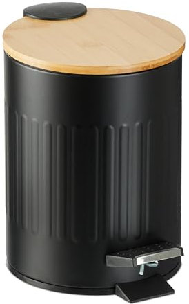 Relaxdays Mülleimer Bad, 3 Liter, Absenkautomatik, entnehmbarer Inneneimer, Kosmetikeimer, Metall, Bambusdeckel, schwarz