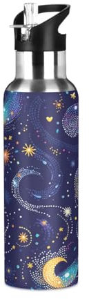 Niigeu Espace Artistique Galaxie Étoiles Bouteille d'eau Isotherme avec Paille en Acier Inoxydable Gourde, Sans BPA Gourdes Eau pour Enfant Sport Randonnée École Bureau (600ml/1L)