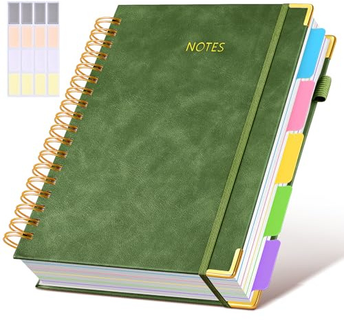 Hardcover-Spiralnotizbuch mit herausnehmbaren Trennblättern, 300 Seiten, Leder, 5 Fächer, College, liniert, 20,3 x 25,4 cm, großes B5-Notizbuch für Arbeit, Schule, Notizen, liniertes Tagebuch für