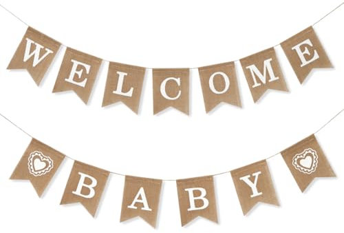 Welcome Baby Banner Girlande, Willkommen Baby Deko, Vintage Leinen Buchstaben Wimpelkette Flaggen für Zuhause Empfang Babyparty Geburtstag Dekoration