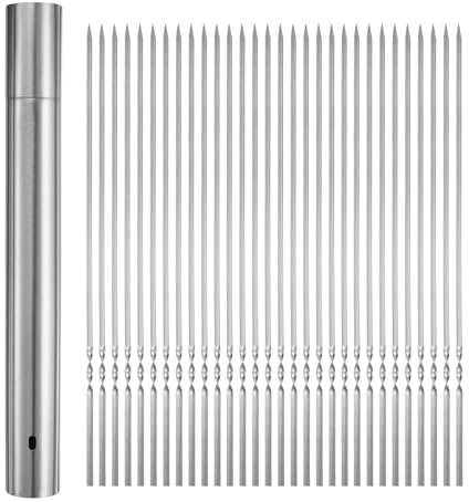 QUARKZMAN 100 unidades de Brochetas de Metal para Barbacoa 40cm x 5mm Palitos Planos de Acero Inoxidable Reutilizables para Barbacoa al Aire Libre con Tubo de Almacenamiento