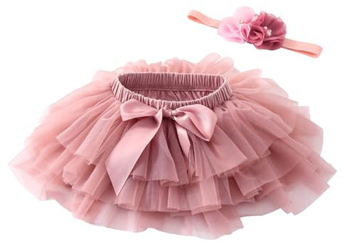Beganly Gonna morbida con volant in tulle con fodera per pannolini, principesse, feste, tutù, set con fascia floreale, Rosa cipria, 6-12 Mesi