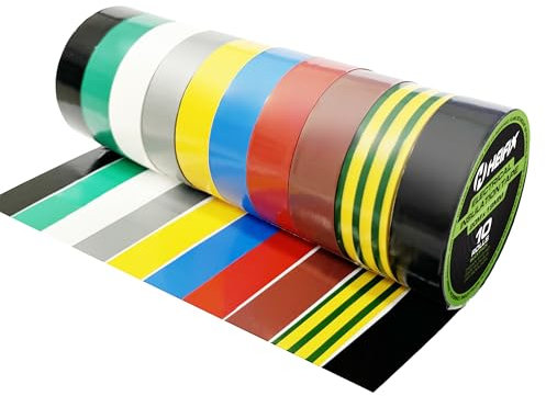 Heifix Premium Electrical Insulation Tape Set In Storage Box 20m x 19mm (Pack Of 10) - Black (x2), Green, White, Grey, Yellow, Blue, Red, Brown, Earth