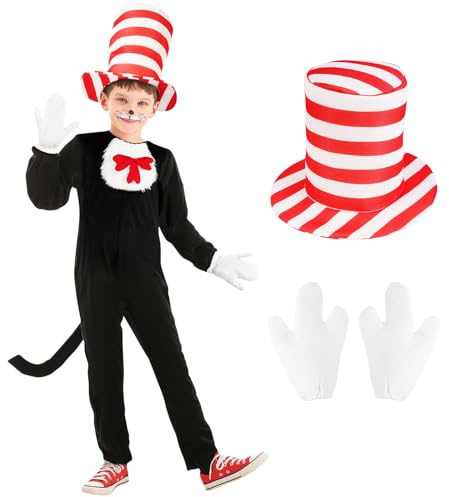 AUYAO Costume da Gatto con Cappello, Costume da Gatto per Bambini, Costume per la Giornata Mondiale del Libro con Guanti Cappello a Strisce Rosso e Bianco Cosplay di Carnevale di Halloween