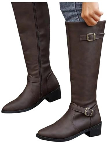 Stivali Camoscio Donna,Stivali Alti Donna Pelle Stivali Casual Zeppa Interna con Tacco Largo Caldi Stivaletti Alti al Ginocchio Vintage Invernali