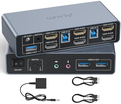 Alxum HDMI Commutateur KVM 2 moniteurs 2 ordinateurs- 4K60Hz, affichage étendu/miroir HDMI, avec 3 Ports USB 3.0 Prend en Charge le Contrôle des Câbles de BureauInclut 2 Câbles USB3.0