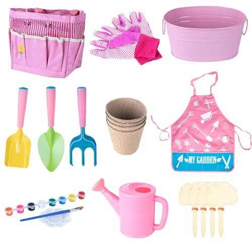 Children's Gardening Tools Set, Kids Garden Tool Set, Included Shovel, Rake, Trowel, Watering Can, Apron, Gloves, Iron Flower Pot with Tool Storage Bag, Kids Garden Toys Outdoor, Gift for Boys Girls