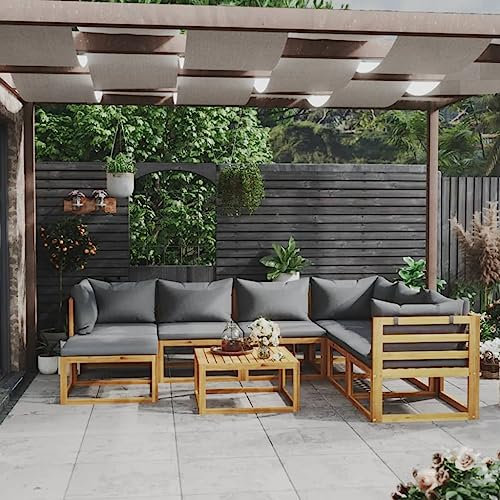 Emmtore Akazienholz Massiv Gartenmöbel mit Auflagen Sofa Lounge Garten Garnitur Sitzgruppe Gartenset Sitzgarnitur Gartensofa Tisch,Dunkelgrau,3xEckteil+3xMittelteil+Fußstütze+Tisch