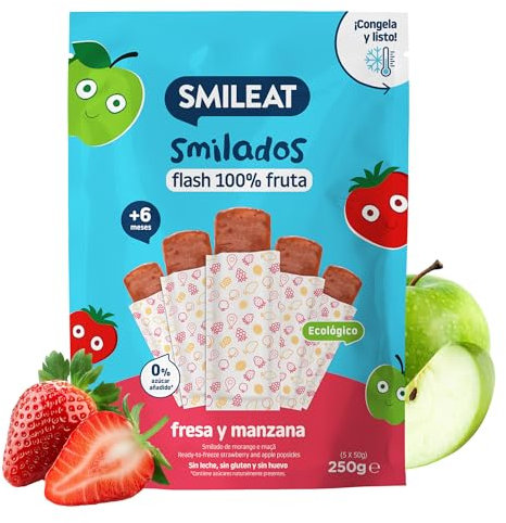 Smileat - Smilados de Frutas Ecológicas - Flash de Fresa y Manzana - Sin Azúcar Añadido, Sin Gluten - Flash para Congelar - Para Peques 6+ Meses - 5x50g (250gr)