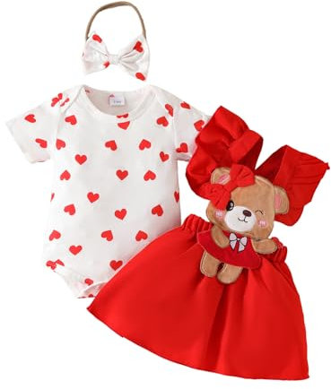 LUVCES Neonata Gonne Set Manica Corta con Volant Pagliaccetto Top + Orsetti del Cuore Bretelle Abito Estate Autunno Inverno Abiti Completo Bimba 3pcs stampa d'amore 1 6-12 Mesi