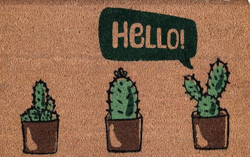 COCONIQ Coir Door Mats 43x76 cm, Non-Slip Sturdy, PVC Backed Heavy Duty, Easy to Clean, Ideal for Door Entrance, Patio, Porch, Backyard, Garages, Hello Cactus