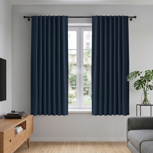 INOVADAY Navy Blue 100% Blackout Curtains for Bedroom 2 Panels, 46W x 54L | Thermal Insulated Window Curtains, for Living Room, Linen-Look, Back Tab Rod Pocket, Reduces Noise, Black Out Coated Back