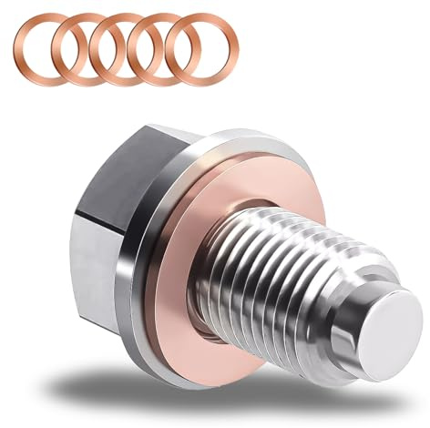 HHZL M14 x 1.5 Magnetic Oil Drain Pan Plug, Oil Pan Drain Plug Nut Bolt with 5 PCS Copper Crush Washer Gasket, Universal Engine Stainless Steel Oils Change Kit Leak-Proof Replacement for Most Vehicle