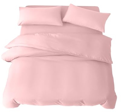 Double Duvet Set 4 Piece Double Bedding Set with Fitted Sheet and Pillowcases Soft Brushed Microfibre Breathable Duvet Cover Sets (Pink)