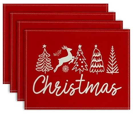 QITHGYD Tischset Weihnachten 4er Set 45x30 cm Rot Platzdeckchen Weihnachten Dekorative Tischsets Abwaschbar Festliche Weihnachtsdeko für Esstisch Küche Familie Gäste Party Dinner Platzsets Winter Deko