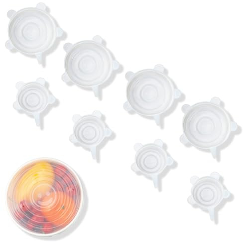 COYUN Coperchi in Silicone, 8 Pezzi Coperchi Silicone, Estensibili, Coperchis in Silicones Universali, Trasparenti, per Contenitori, Frutta, Ciotole, Tazze