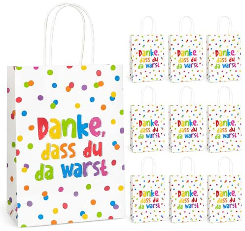 COMOOKA 10 Stück Geschenktüten mit Henkel Kindergeburtstag Papiertüten zum Befüllen Mitgebsel Tüten Geburtstagstüten Kinder Kindergeburtstag Danke Geschenktasche für Party Gastgeschenke Bunt
