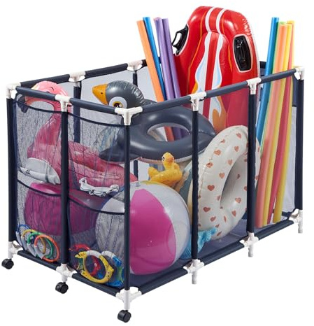 VEVOR Panier Rangement pour Flotteurs Piscine 120x77x86,5 cm Bac Stockage pour Bouées Piscine en Maille Organisateur à roulettes pour Frites de Piscines, avec Poches Latérales, Cadre Plastique